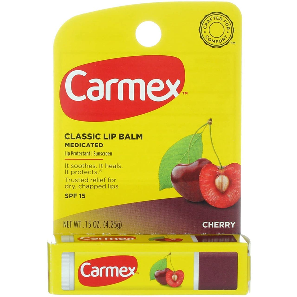 Carmex click‑stick cherry open with click mechanism visible for hygienic use