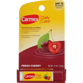 Carmex click‑stick cherry texture closeup showing smooth balm for hydration