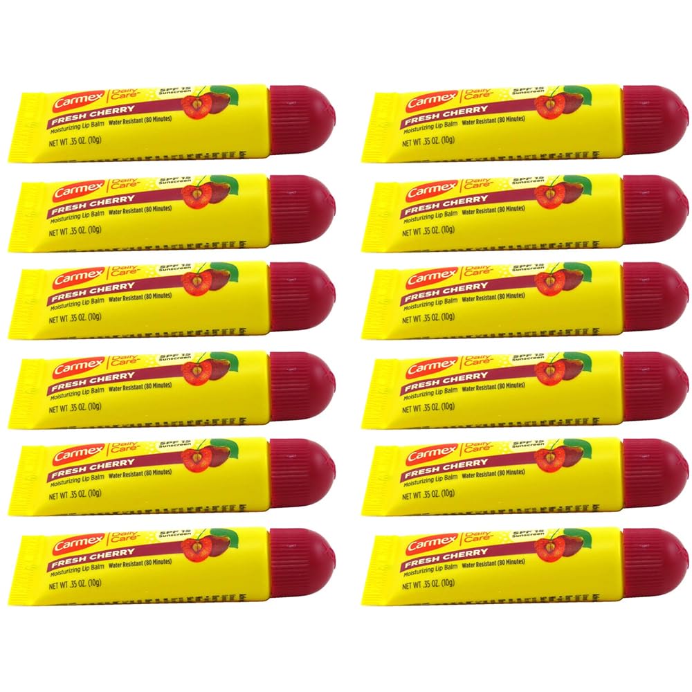 Carmex Fresh Cherry front view showing 12 tubes and clear labeling for easy grab-and-go