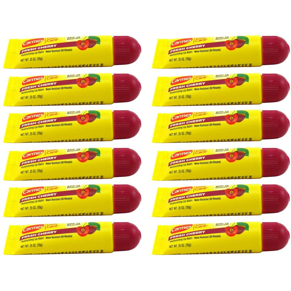 Carmex Fresh Cherry front view showing 12 tubes and clear labeling for easy grab-and-go