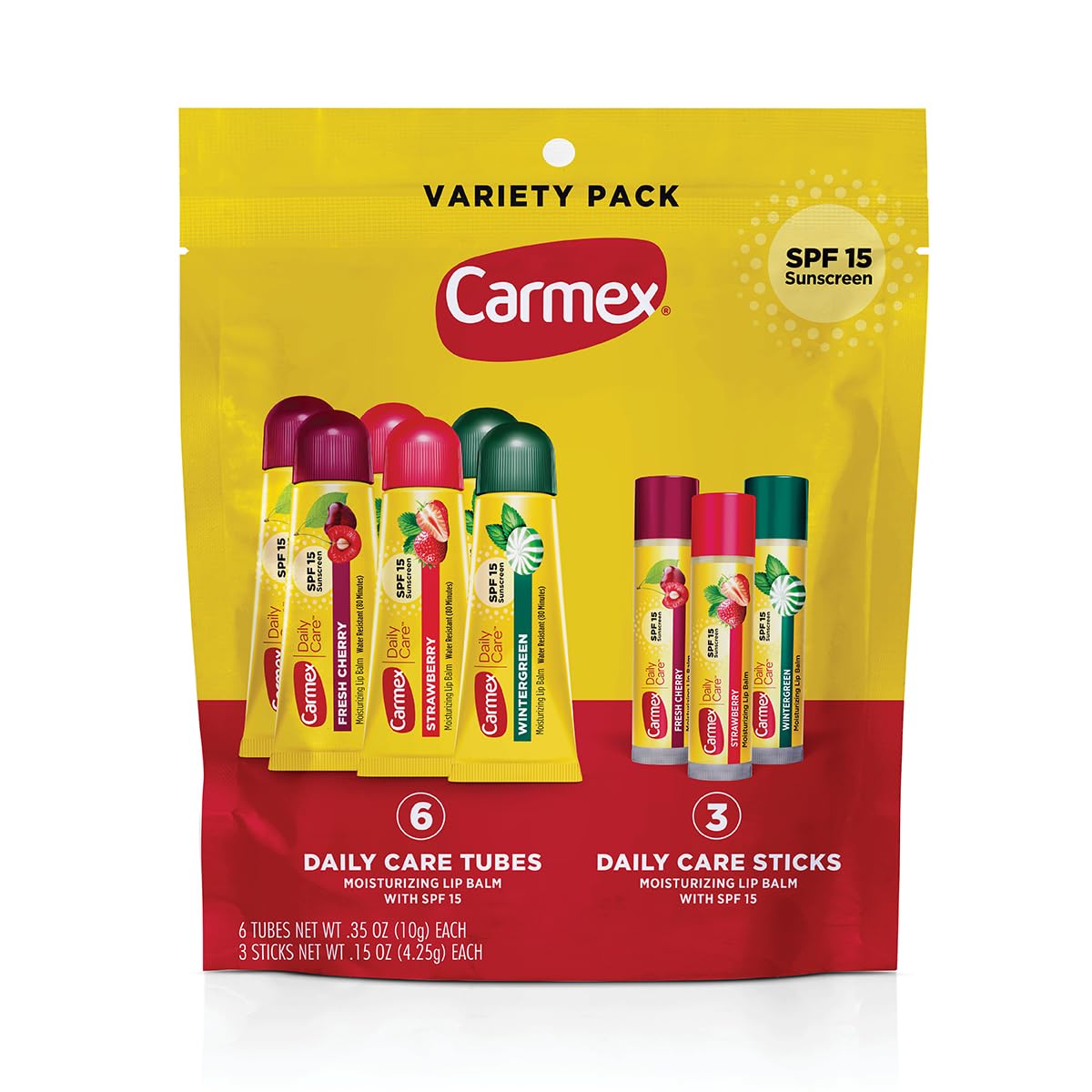 Carmex front pack bag showing nine-count variety and SPF 15 protection