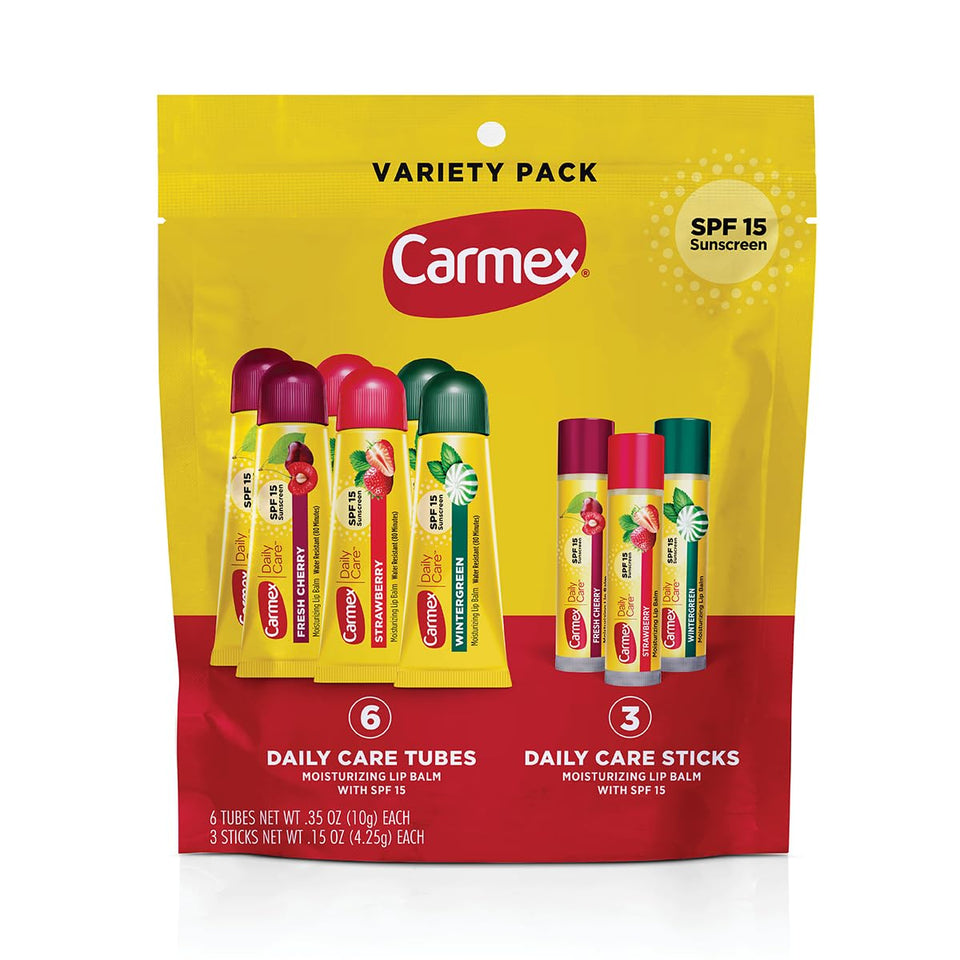 Carmex front pack bag showing nine-count variety and SPF 15 protection