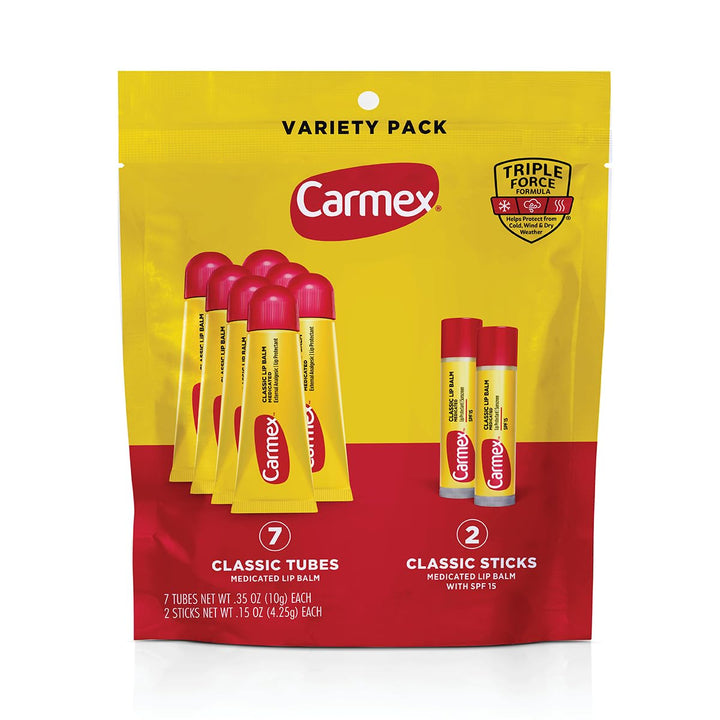 Carmex front pack bag showing full 9-count variety and convenience
