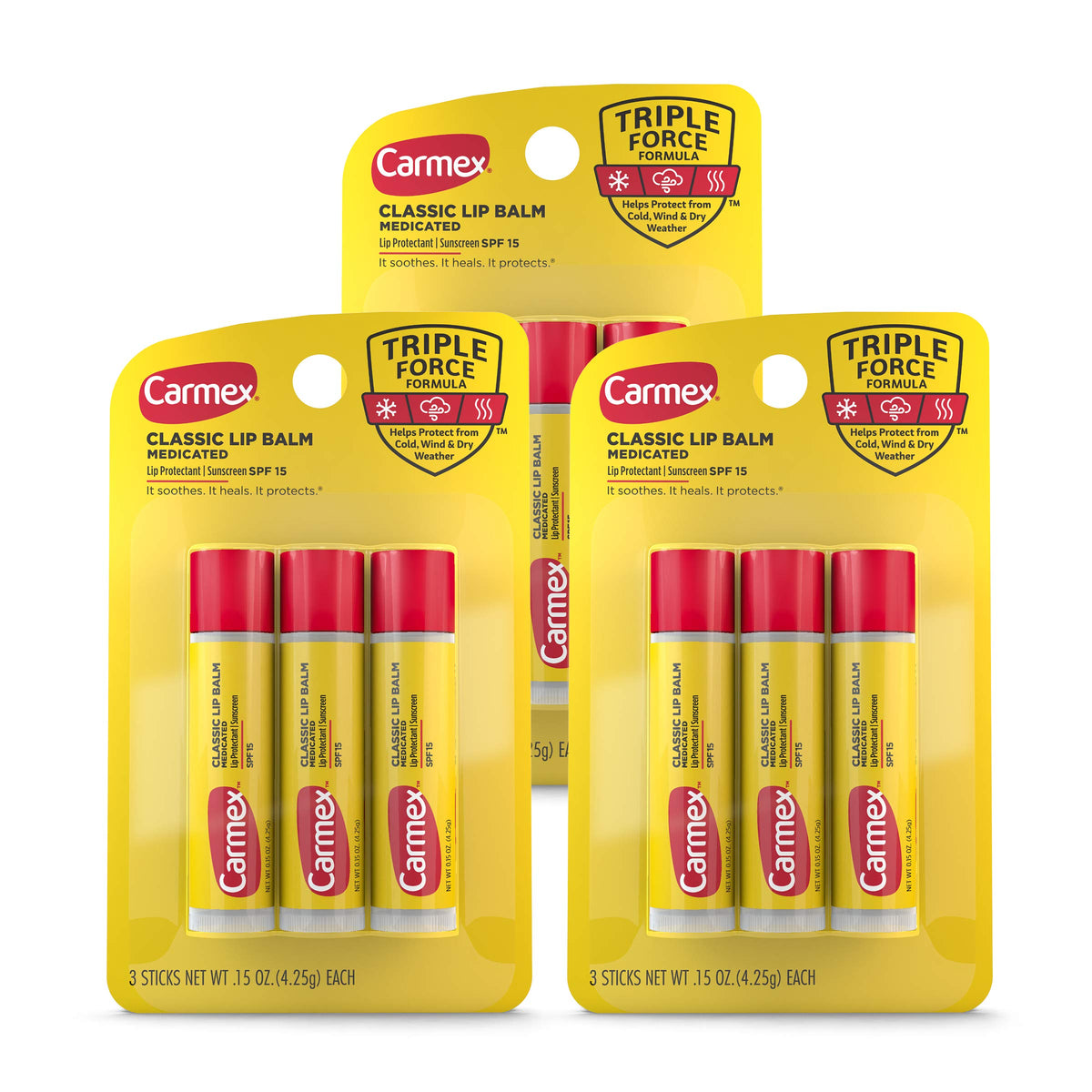 Carmex front packaging showing nine medicated lip balm sticks for convenience