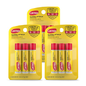 Carmex front packaging showing nine medicated lip balm sticks for convenience