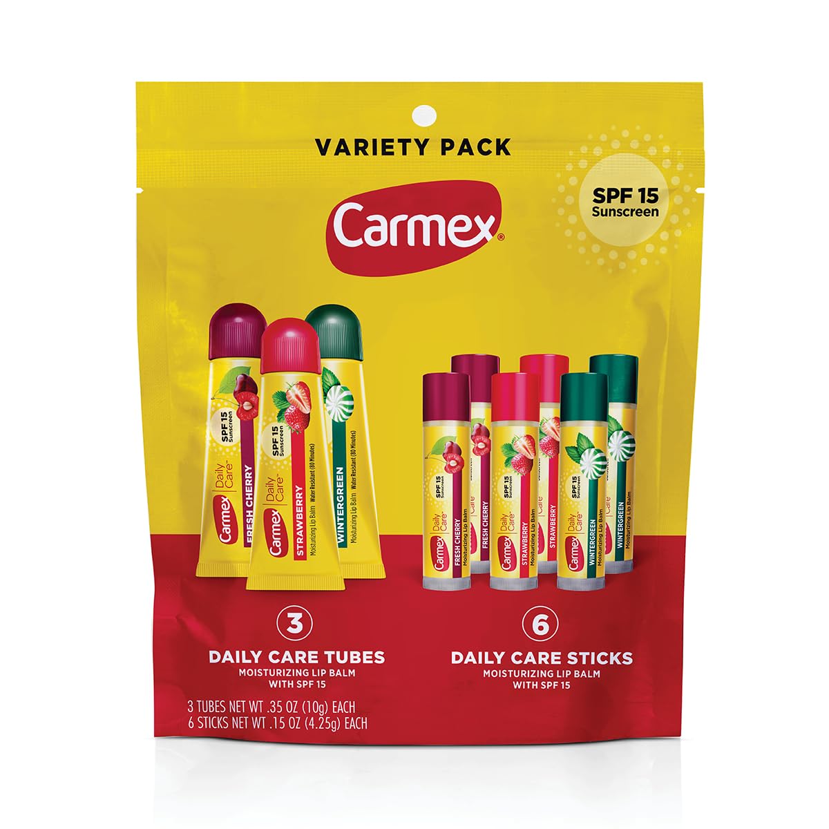 Carmex front packaging bag showing nine-count variety and SPF benefit