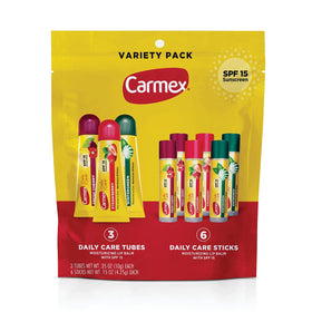 Carmex front packaging bag showing nine-count variety and SPF benefit