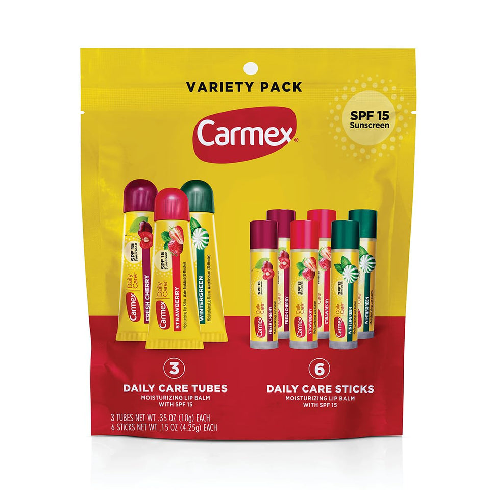 Carmex front packaging bag showing nine-count variety and SPF benefit