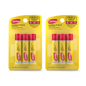 Carmex front packaging showing two packs of three sticks for value