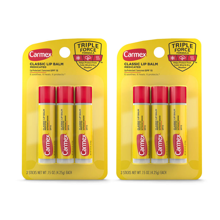 Carmex front packaging showing two packs of three sticks for value