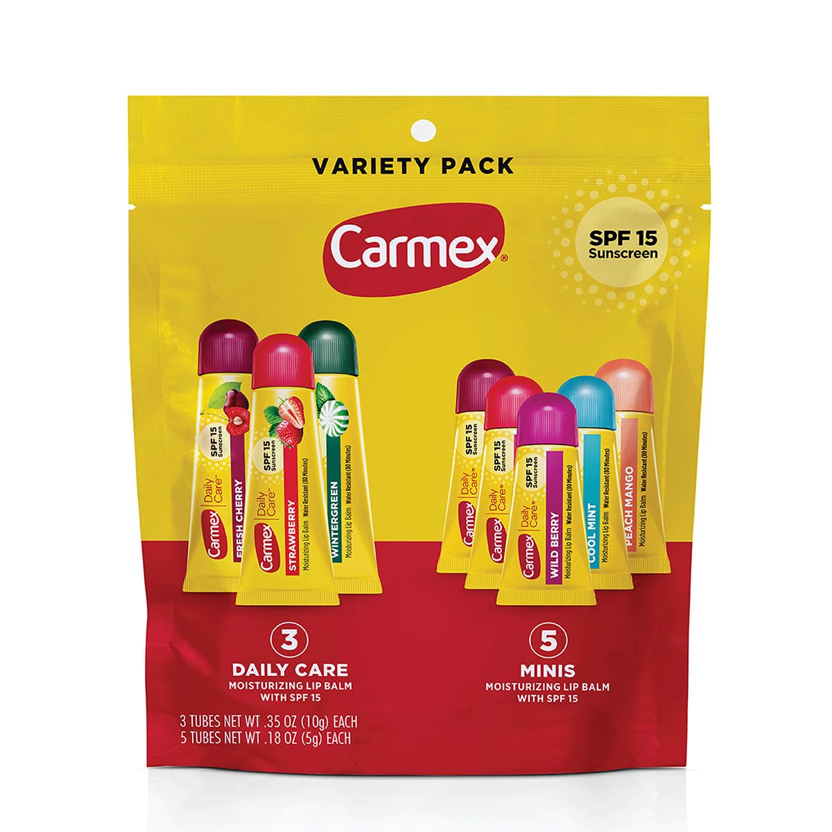 Carmex front packaging showing variety pack and SPF benefit