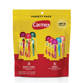 Carmex front packaging showing variety pack and SPF benefit
