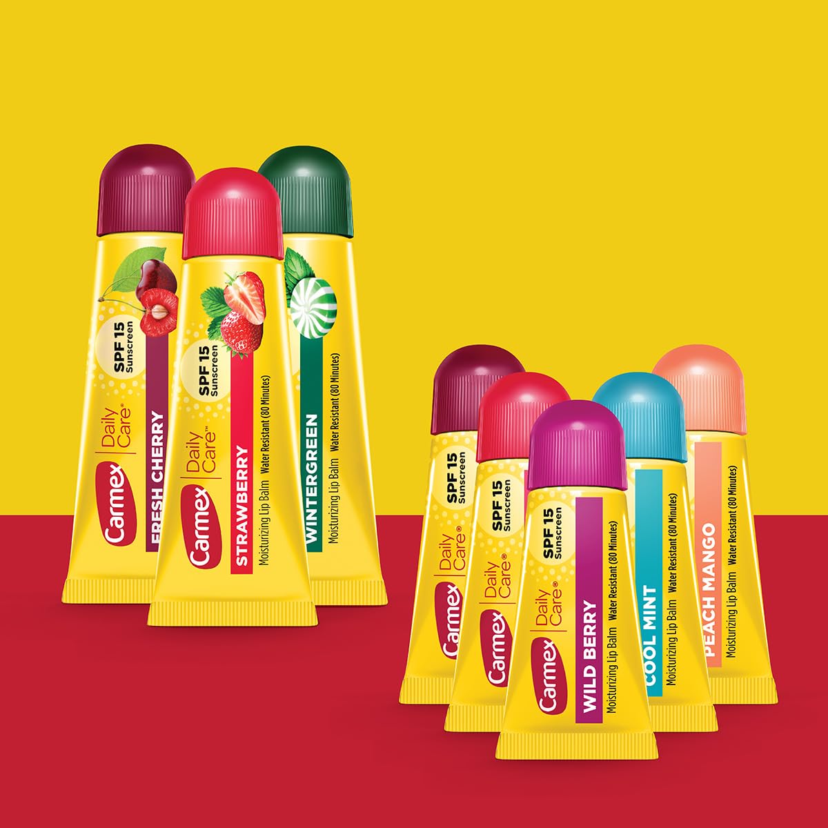 Carmex full-size tube close-up highlighting moisturizer and SPF