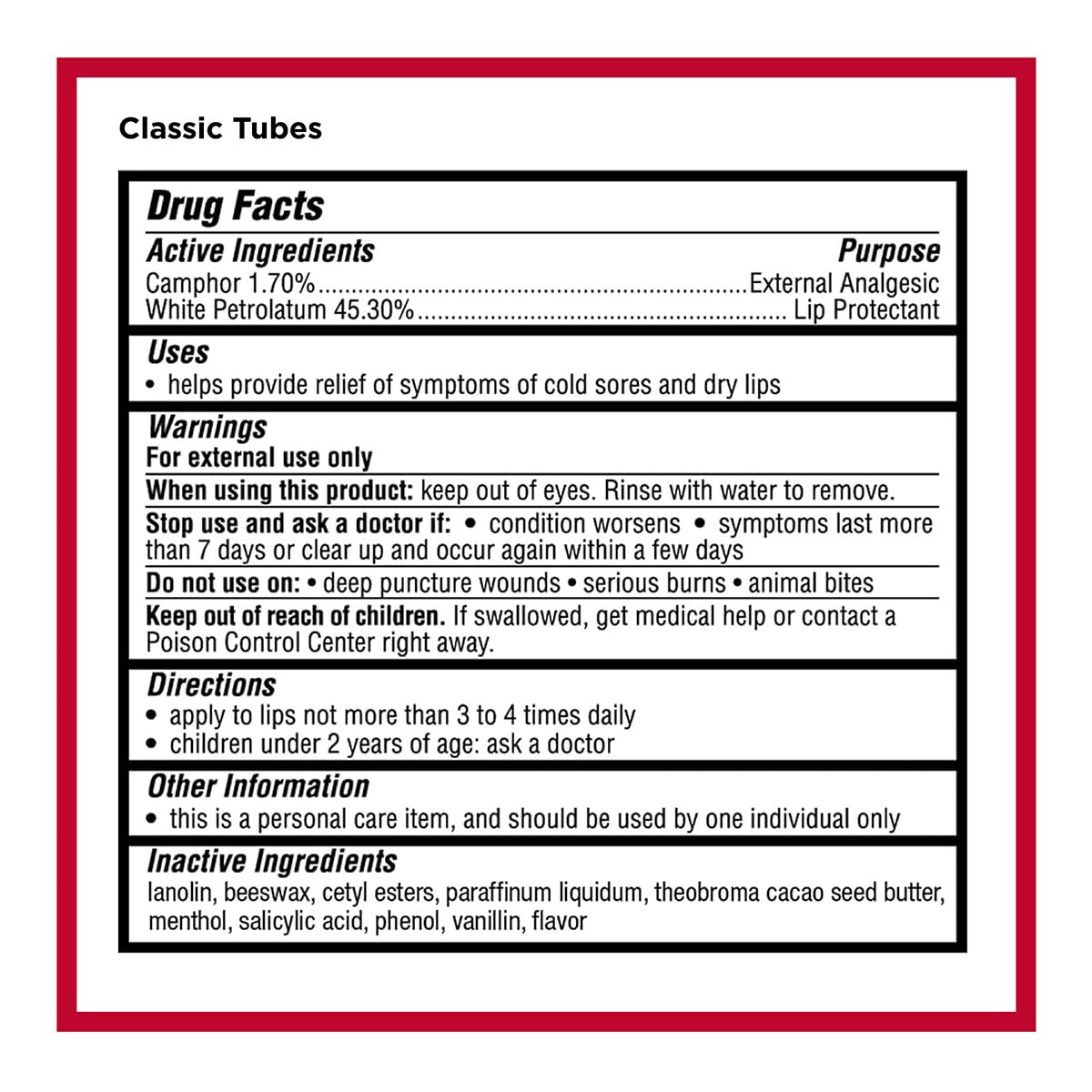 Carmex product label featuring ingredients and SPF benefits for informed use