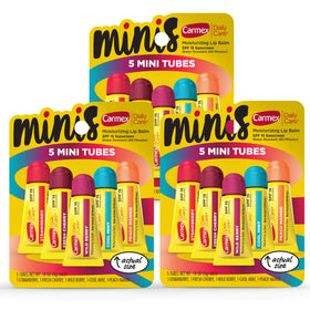 Carmex front packaging showing 3 packs of five minis protecting lips