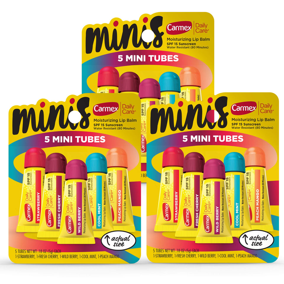 Carmex front packaging showing 3 packs of five minis protecting lips