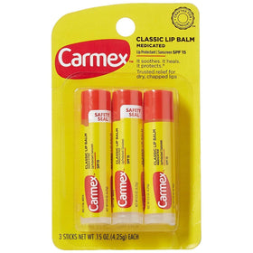 Carmex front packaging showing three sticks and brand for quick grab-and-go relief