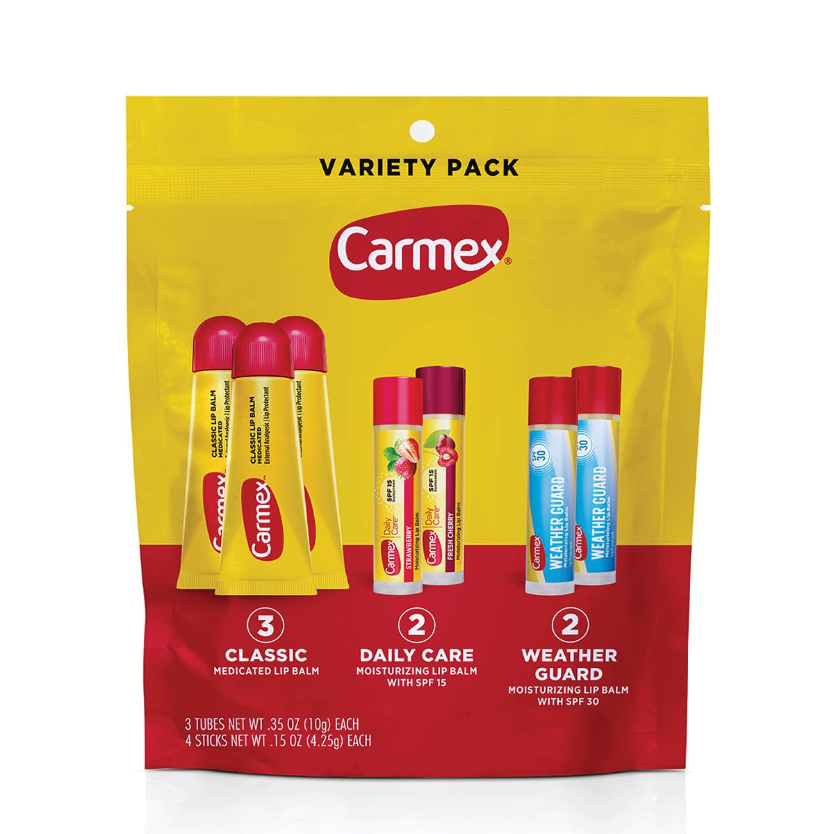 Carmex pack front view showing all seven lip products for convenient protection