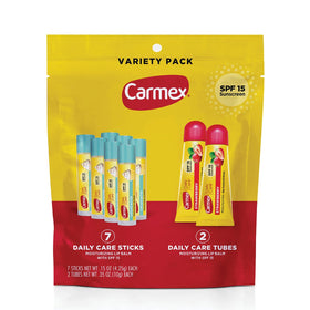 Carmex pack front view showing 9-count bag and convenience