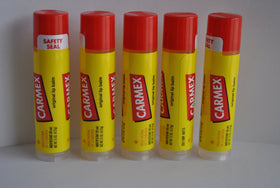 Carmex pack of 5 front view showing compact tubes for easy portability