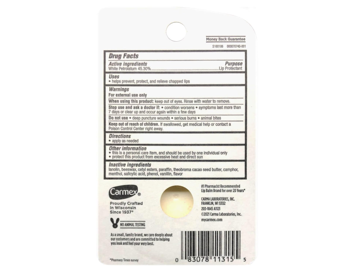 Carmex balm texture close-up highlighting smooth emollient for quick relief
