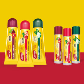 Carmex tube close-up label showing flavor and sun protection