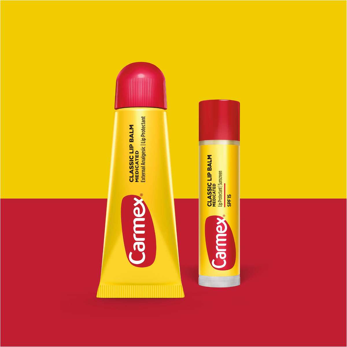 Carmex tube close-up highlighting smooth texture and moisturizing cocoa butter