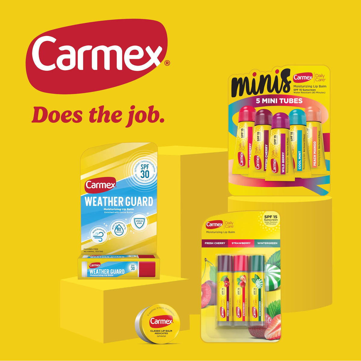Carmex tubes lined up to display seven medicated balm tubes for frequent use