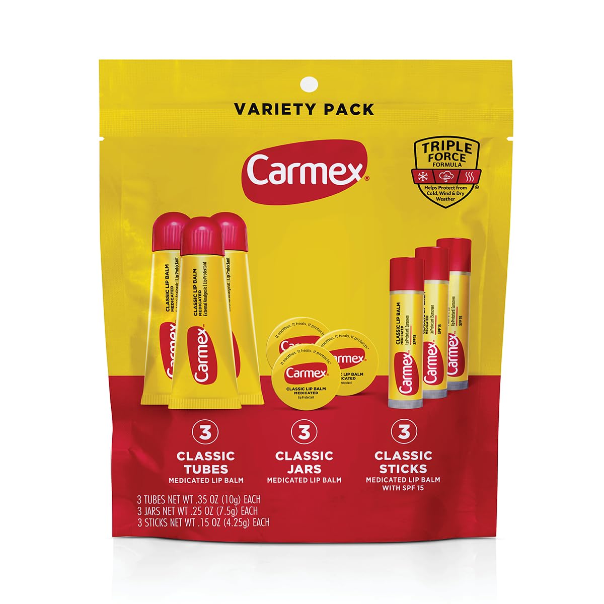 Carmex variety pack front view showing tubes sticks and jars for convenient protection