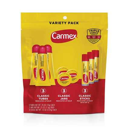 Carmex variety pack front view showing tubes sticks and jars for convenient protection