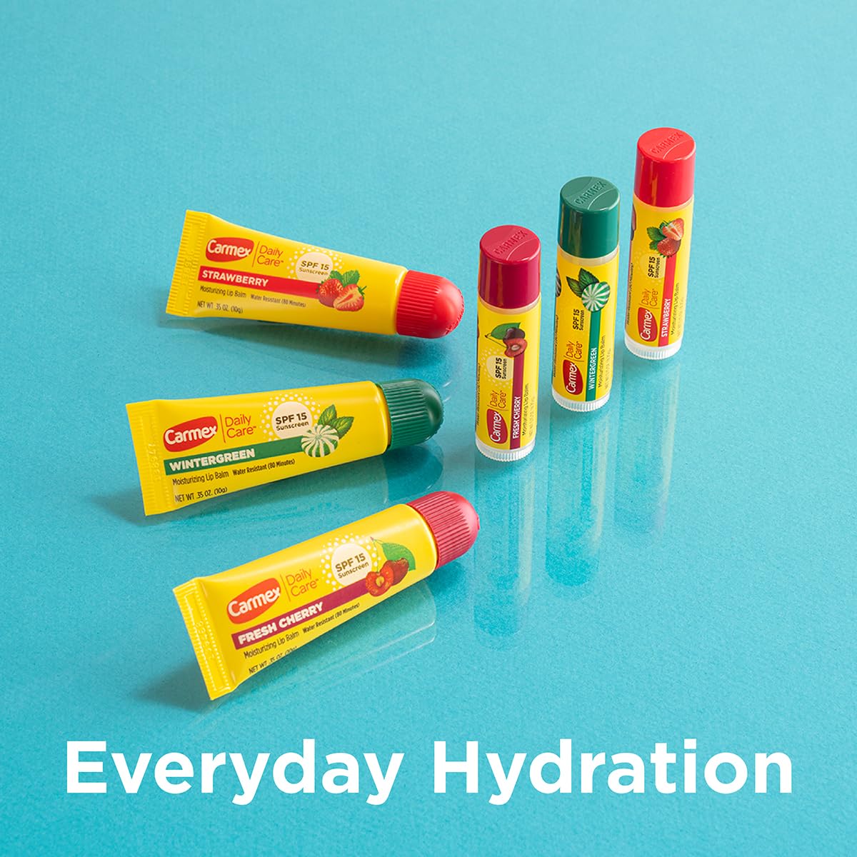 Carmex lip balm used poolside to show water-resistant protection benefit