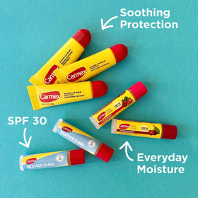 Carmex Weather Guard stick close-up highlighting SPF 30 and wind protection