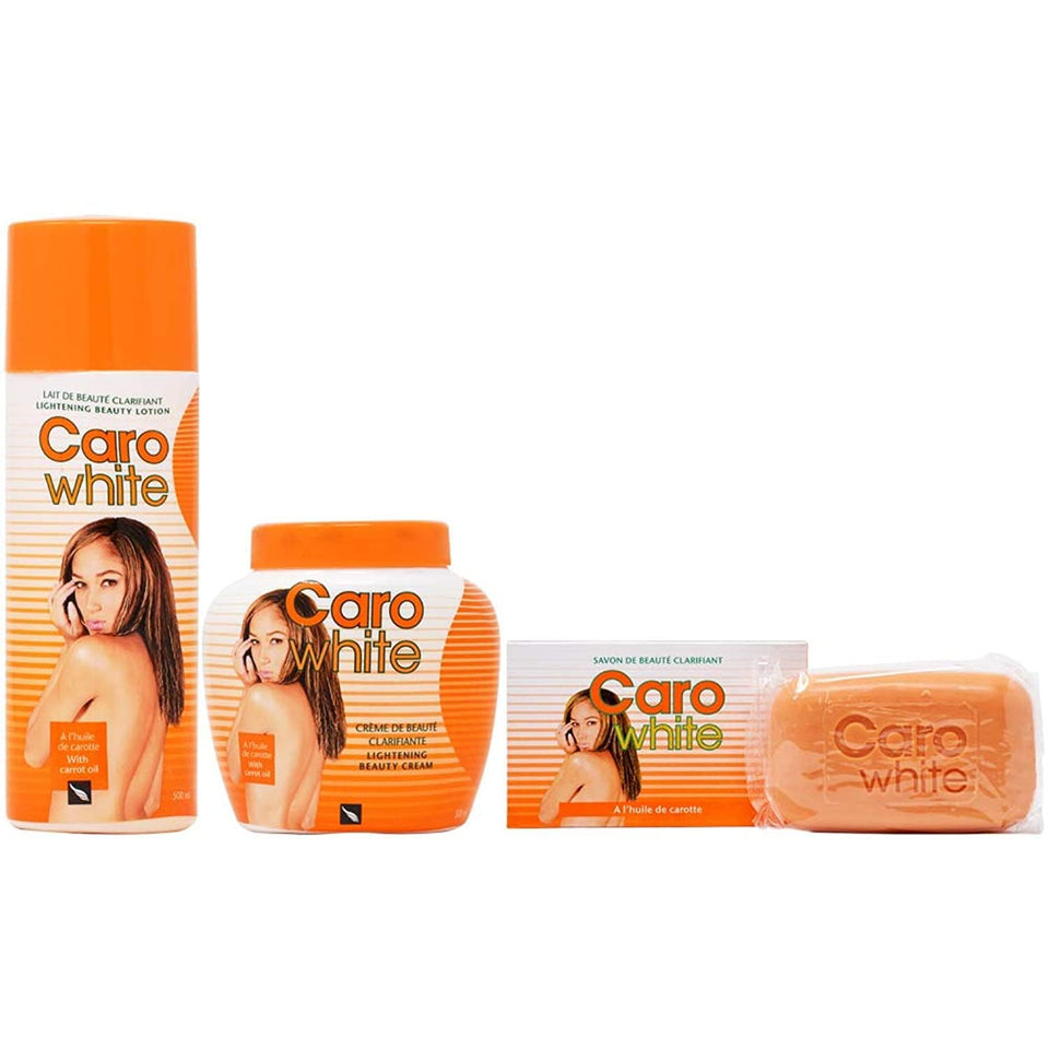 Caro White front packaging showing trio for quick routine and visible sizes