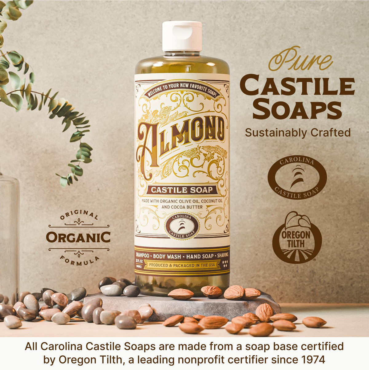 Carolina Castile Soap almond displayed in bathroom setting showing eco-friendly benefit