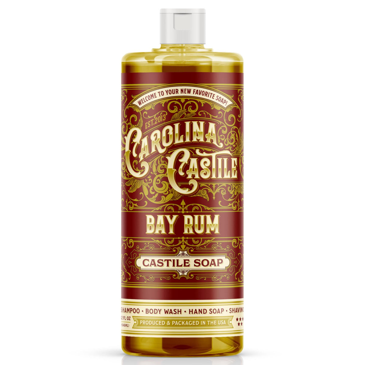 Carolina Castile Soap front label showing bay rum scent and organic claims, clear benefit: informed purchase