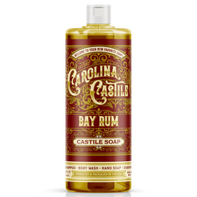 Carolina Castile Soap front label showing bay rum scent and organic claims, clear benefit: informed purchase