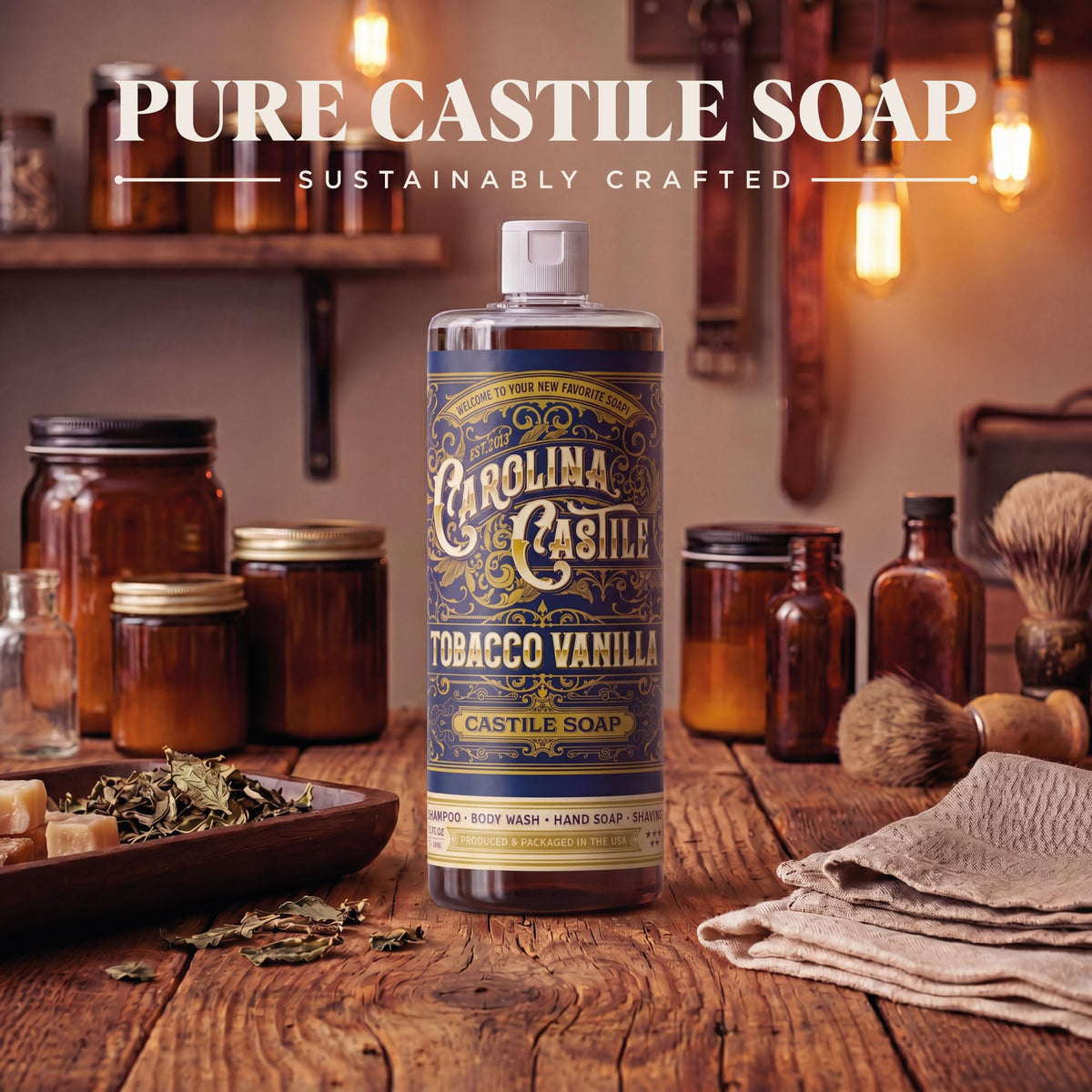 Carolina Castile Soap bottle beside razor and towel suggesting grooming routine compatibility