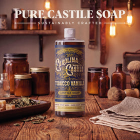 Carolina Castile Soap bottle beside razor and towel suggesting grooming routine compatibility
