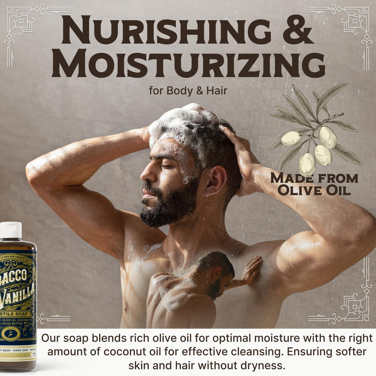 Carolina Castile olive oil ingredient bottle highlighting moisturizing benefits