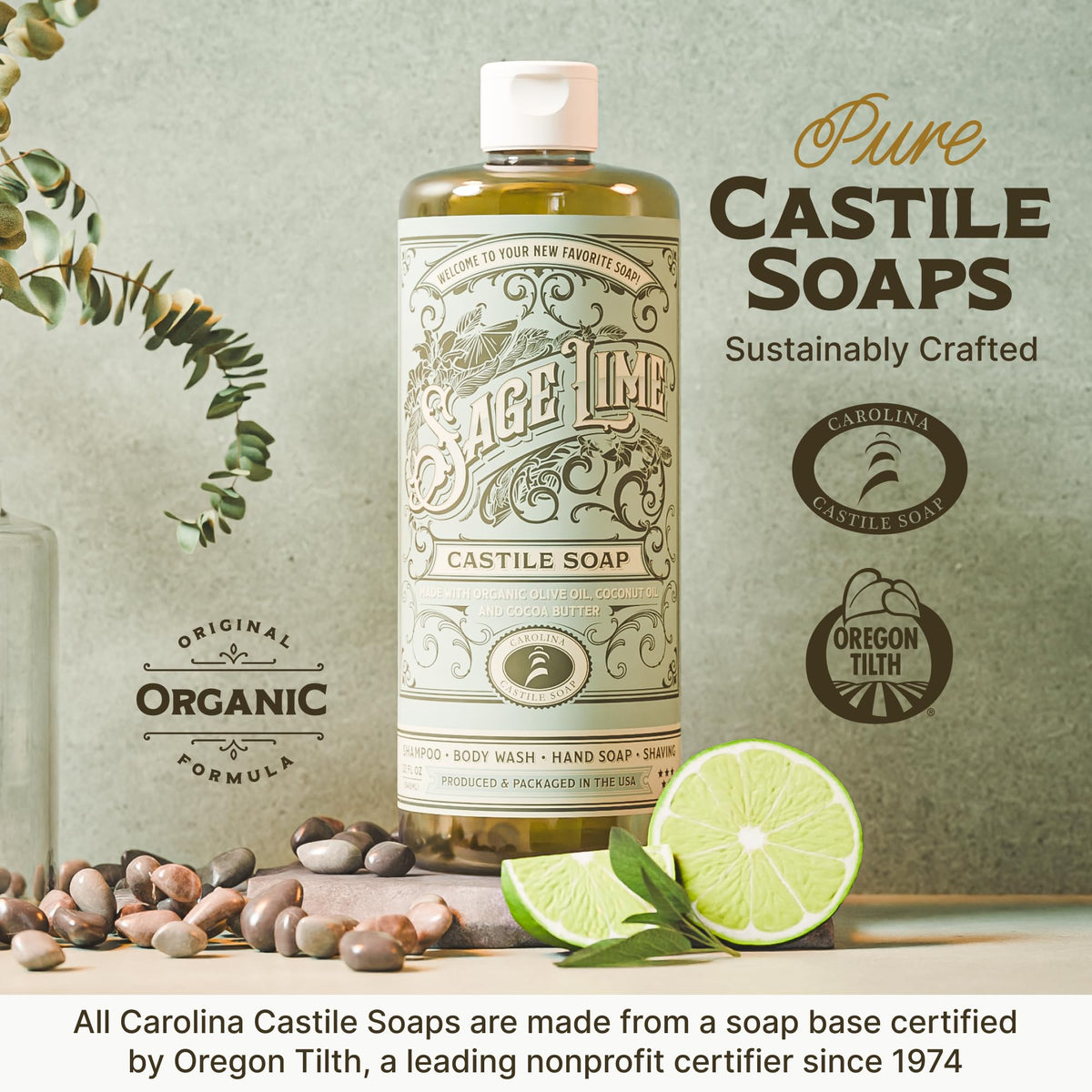 Carolina Castile sage lime in a shower setting, conveys everyday household use benefit