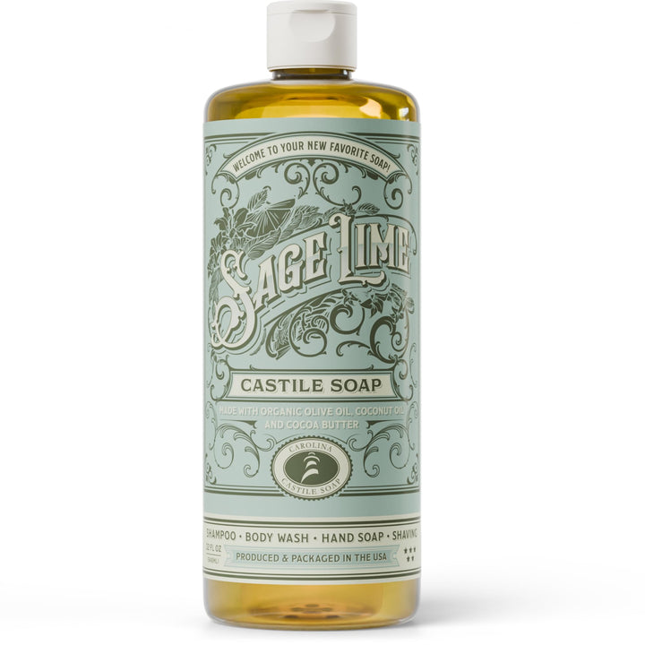 Carolina Castile sage lime front bottle showing scent and size, highlights eco benefits