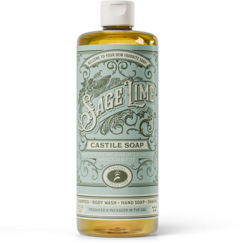 Carolina Castile sage lime front bottle showing scent and size, highlights eco benefits