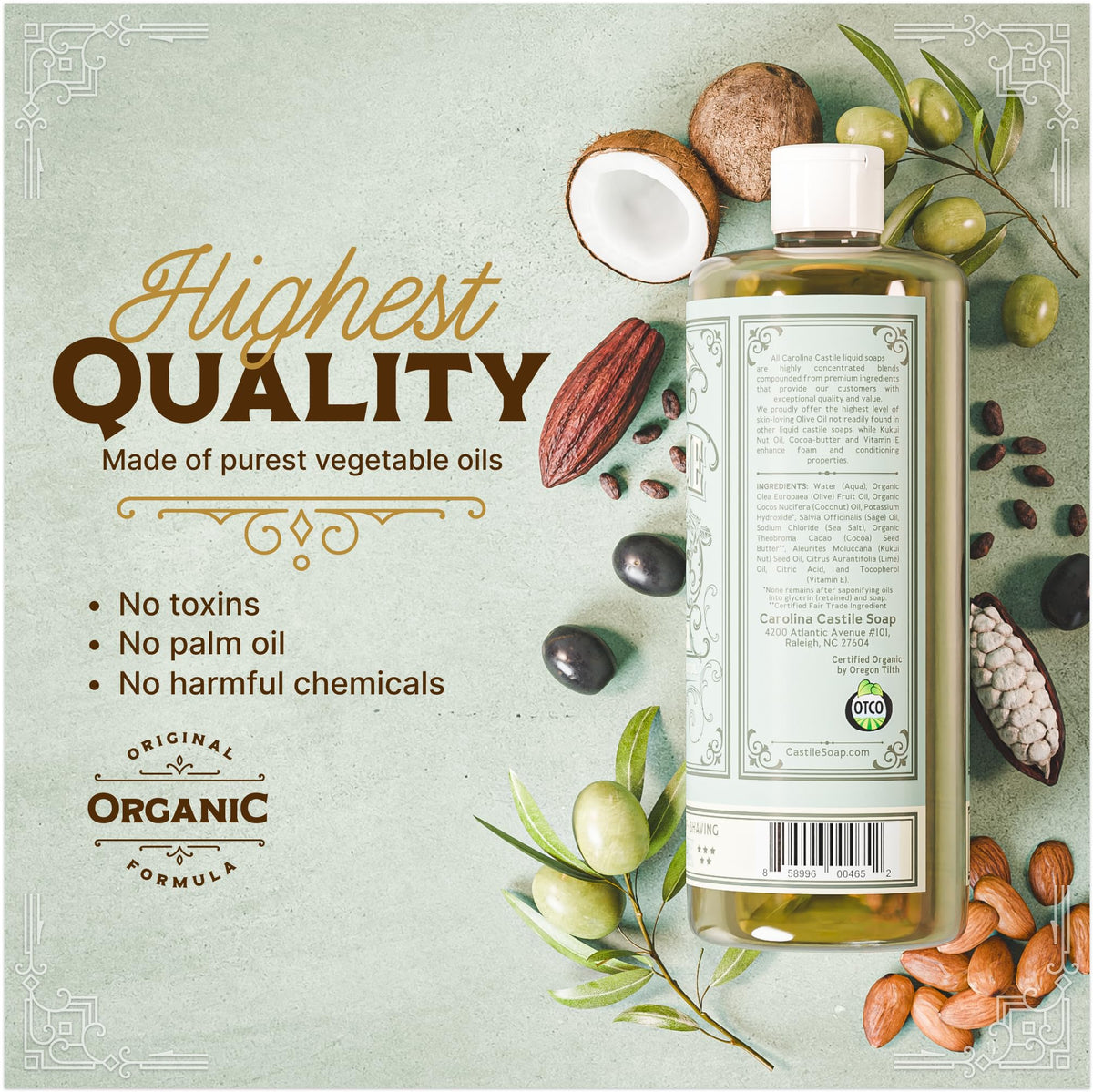 Carolina Castile sage lime with olives and oils, emphasizes high olive-oil content benefit