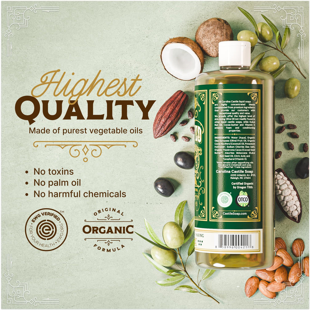 Carolina Castile Soap bottle in hand to show 32 oz scale and easy use