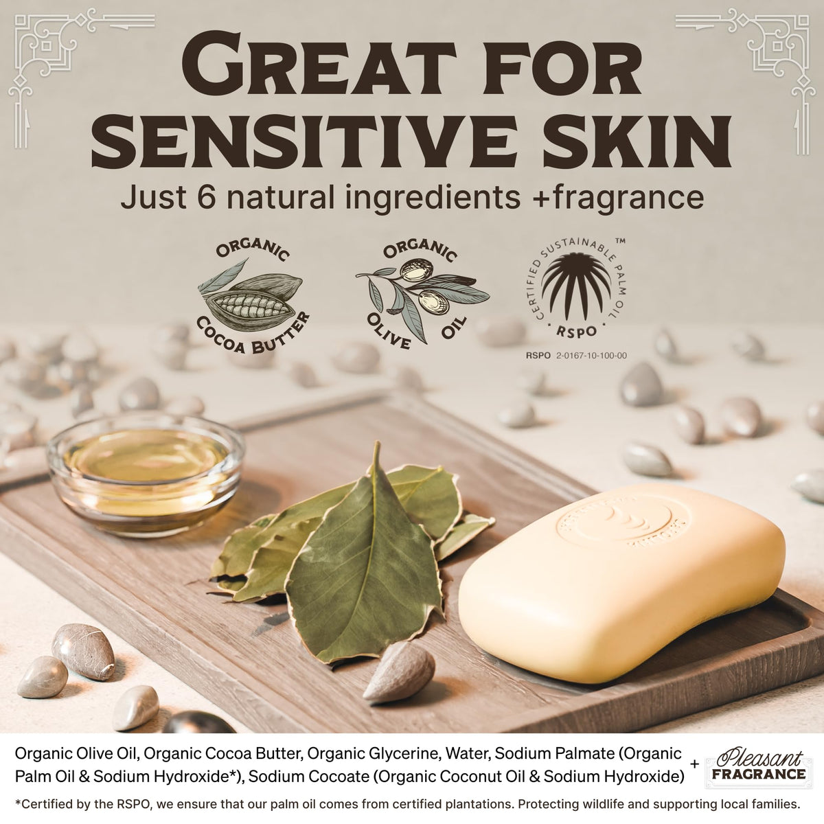 Carolina Castile Soap close-up ingredient label showing olive oil and cocoa butter benefits