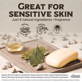 Carolina Castile Soap close-up ingredient label showing olive oil and cocoa butter benefits