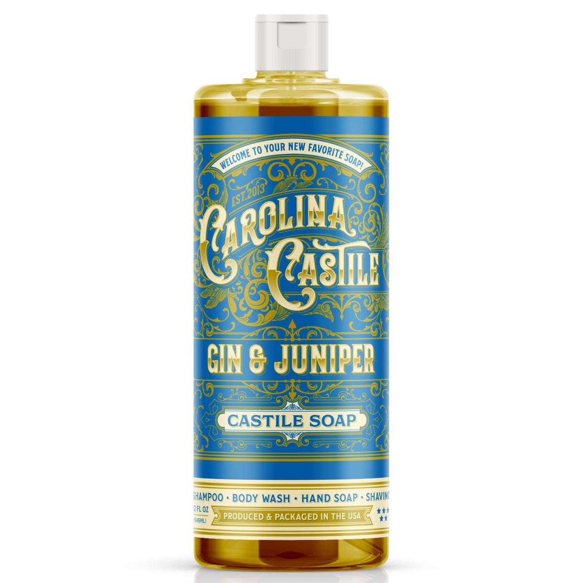 Carolina Castile Soap front bottle showing gin and juniper scent benefit: refreshing clean scent