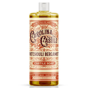 Carolina Castile Soap front bottle with patchouli bergamot scent and organic benefit