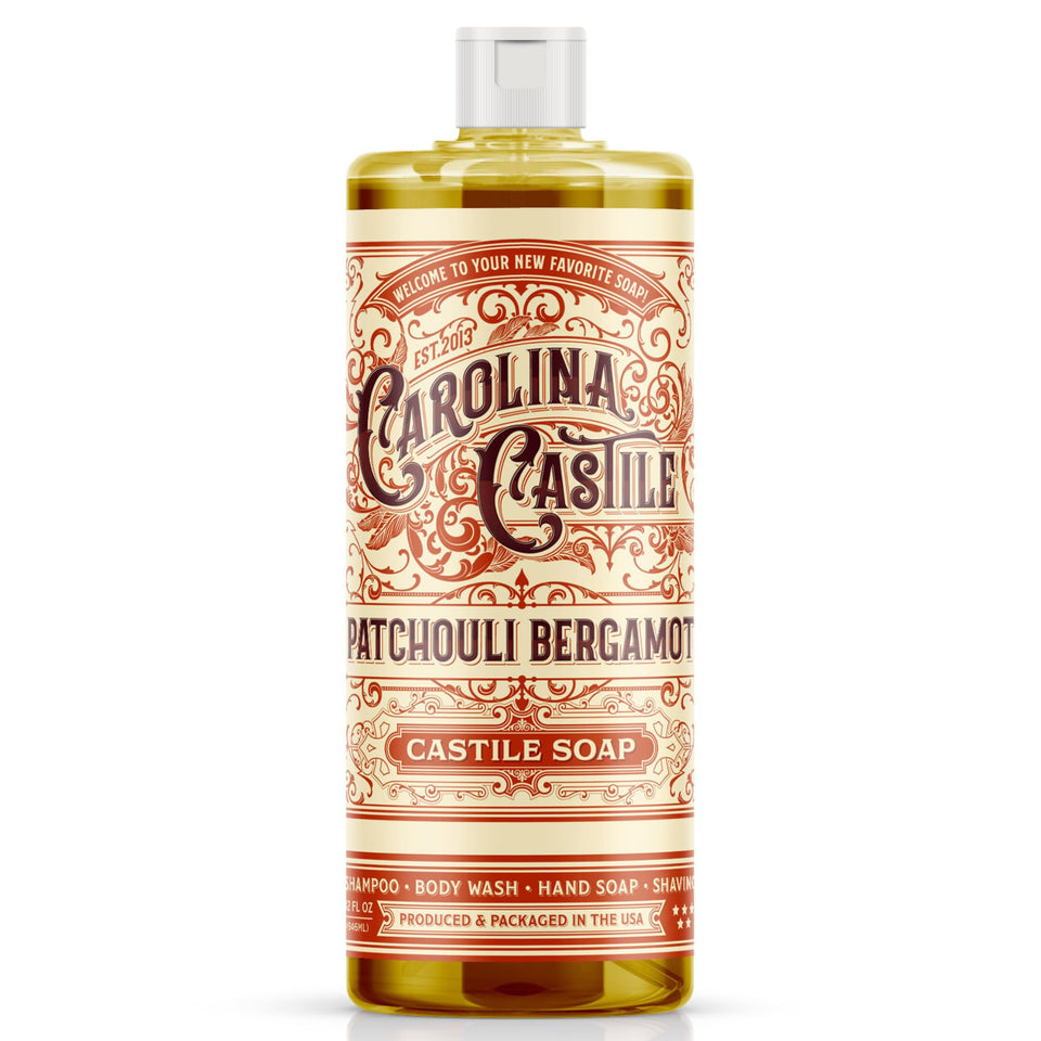 Carolina Castile Soap front bottle with patchouli bergamot scent and organic benefit