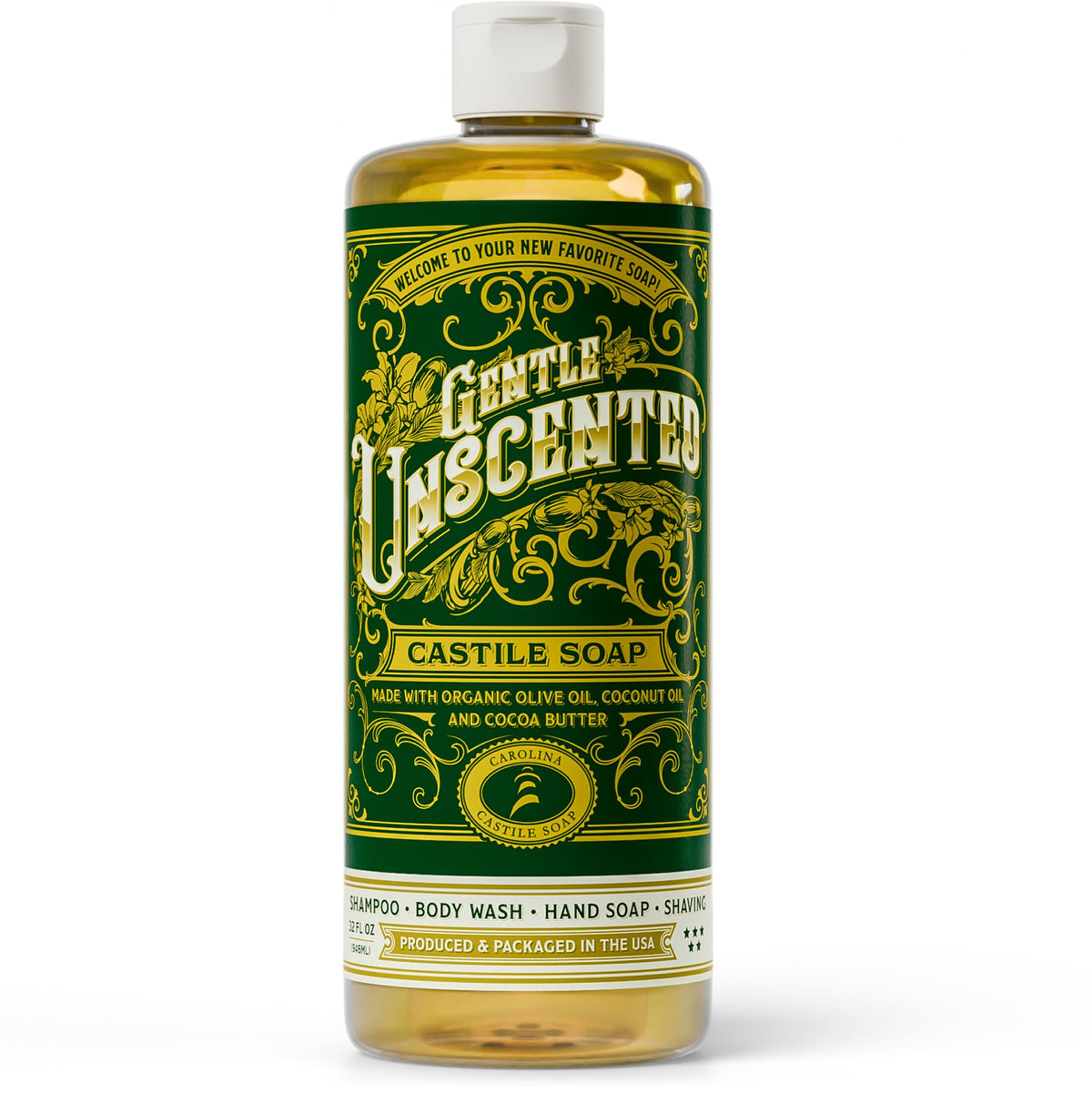 Carolina Castile Soap front label showing organic unscented benefits and size